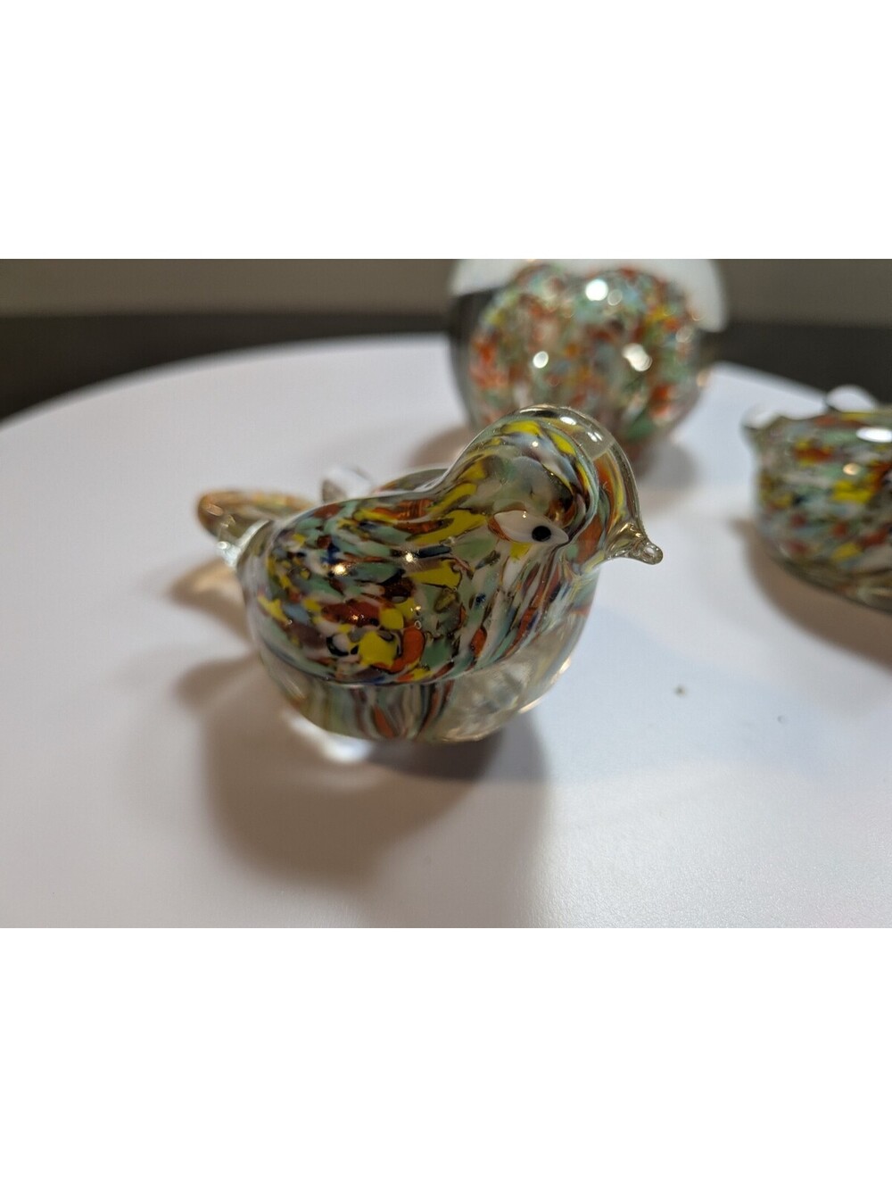 3 Pc Multicolor Art Glass Bird Figurines & Floral Paperweight Confetti Glass